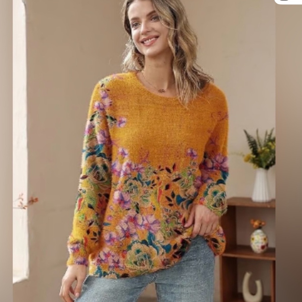 YesNo Floral Orange Long Sleeve crew neck floral super soft sweater XXL nwt boho